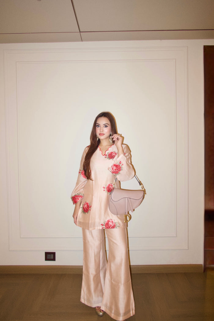 Peach Embroidered Floral Coord Set