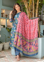 Aafreen Blue Floral Pleated Suit Set