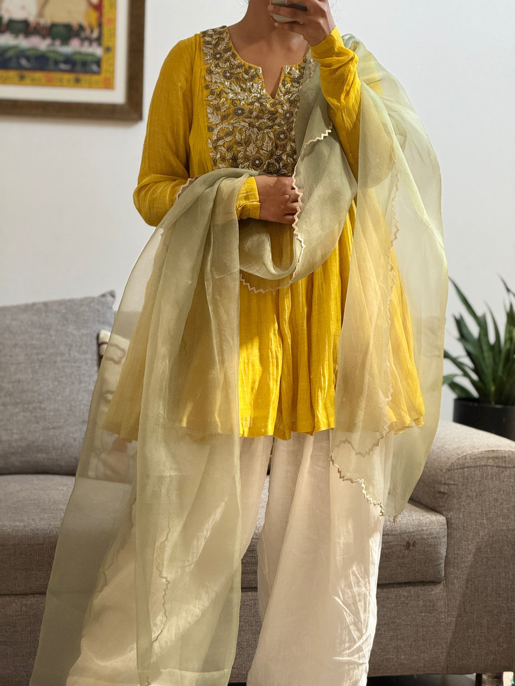 Yellow Mul chanderi embroidered Anarkali with Farshi Salwar