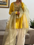 Yellow Mul chanderi embroidered Anarkali with Farshi Salwar