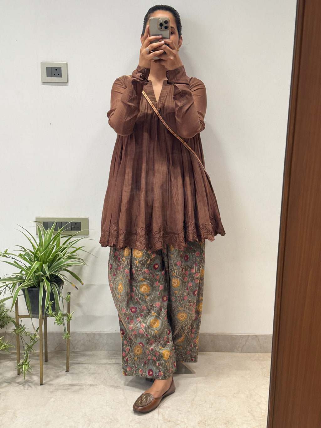 Brown Anarkali with Cotton Farshi Salwar