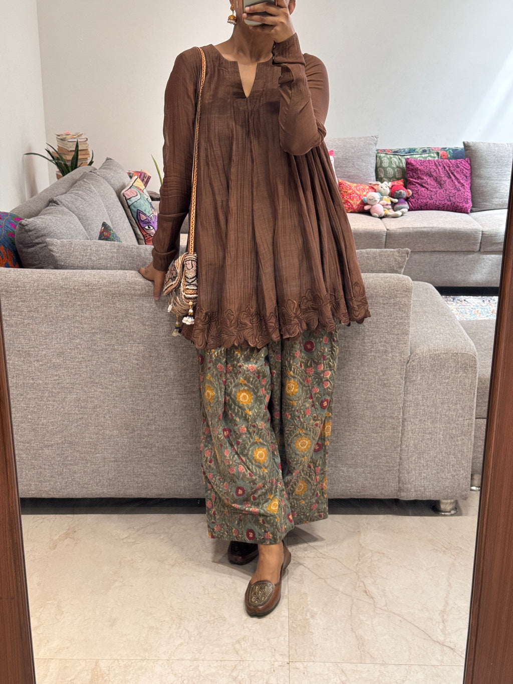 Brown Anarkali with Cotton Farshi Salwar