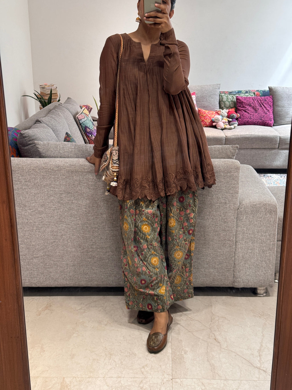 Brown Anarkali with Cotton Farshi Salwar