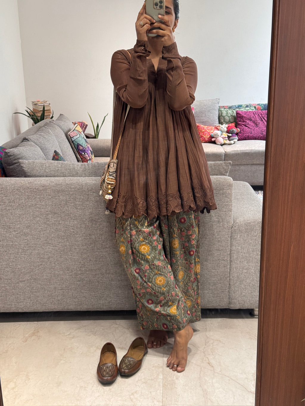 Brown Anarkali with Cotton Farshi Salwar
