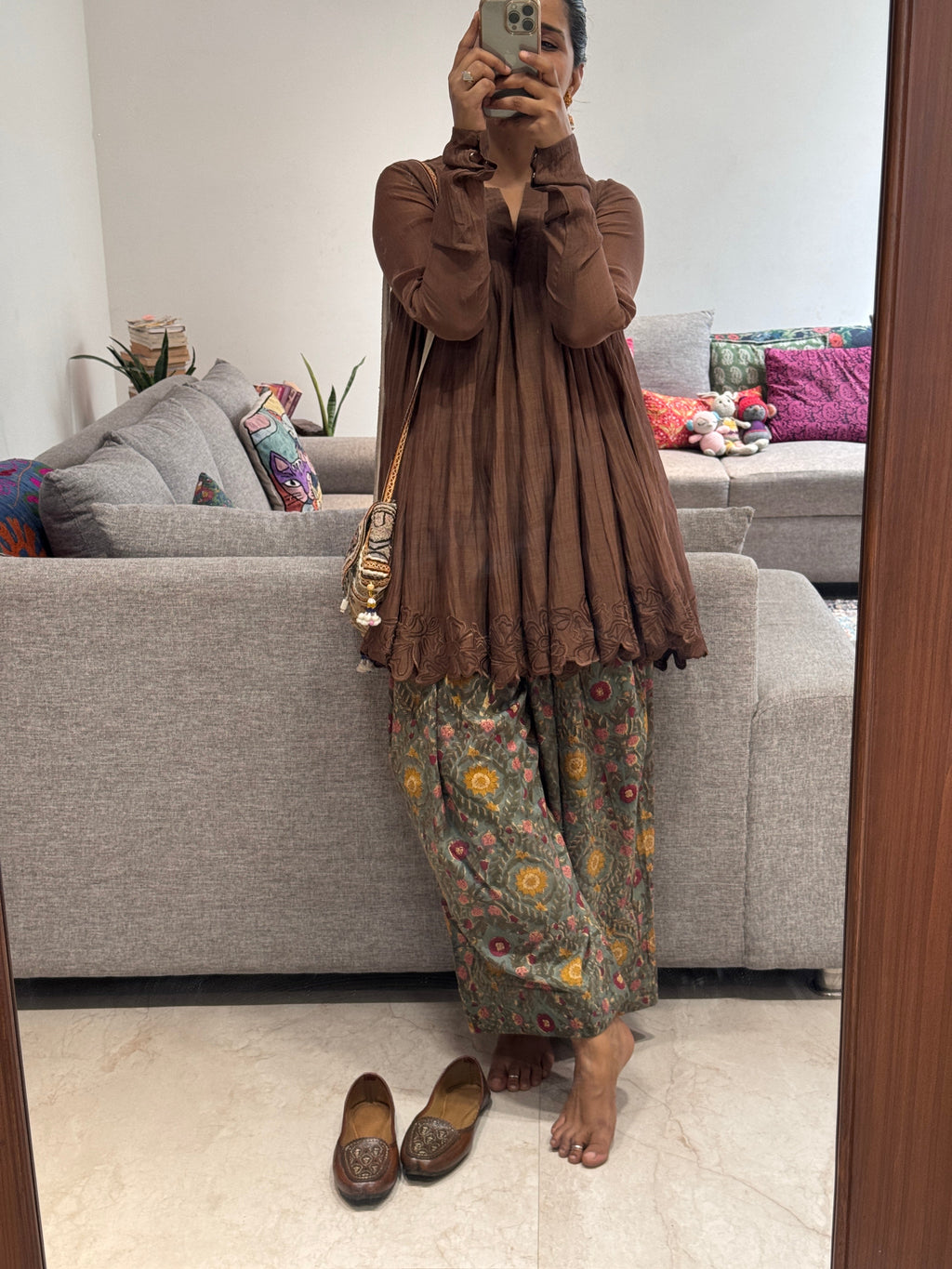 Brown Anarkali with Cotton Farshi Salwar