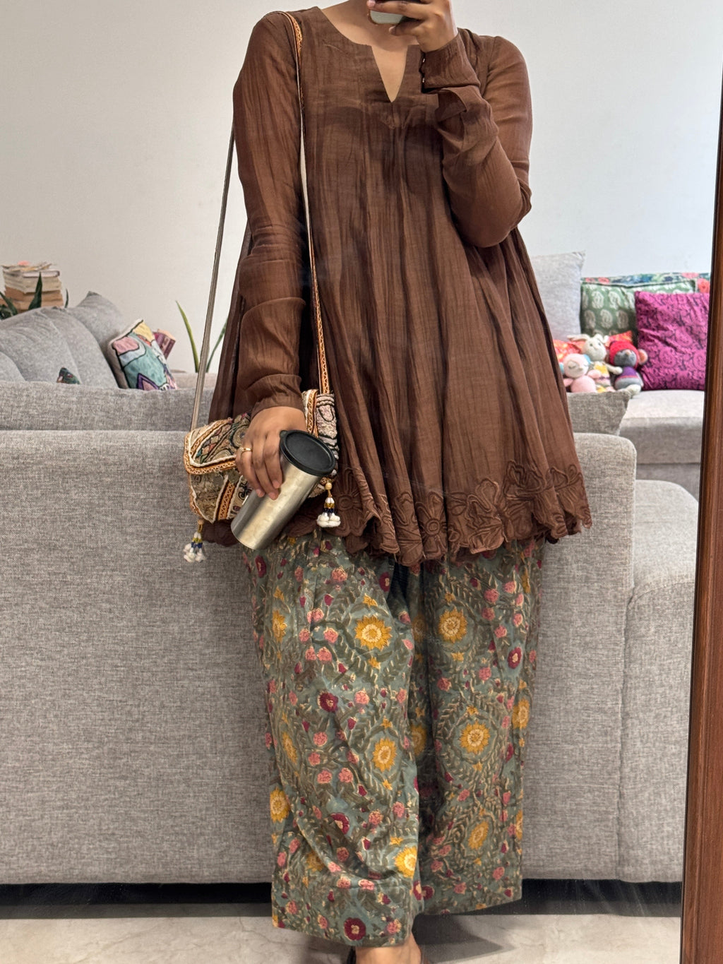 Brown Anarkali with Cotton Farshi Salwar