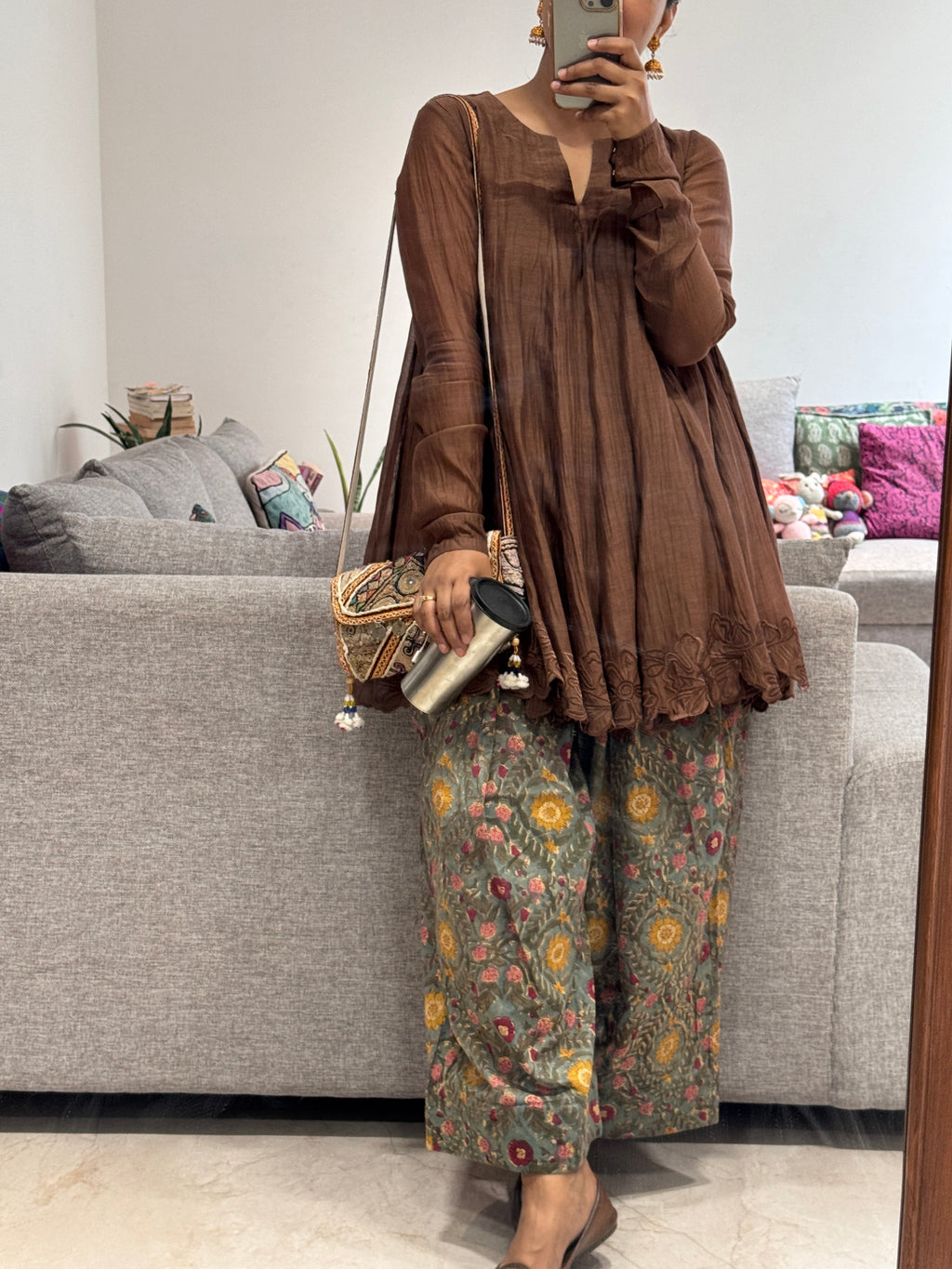 Brown Anarkali with Cotton Farshi Salwar