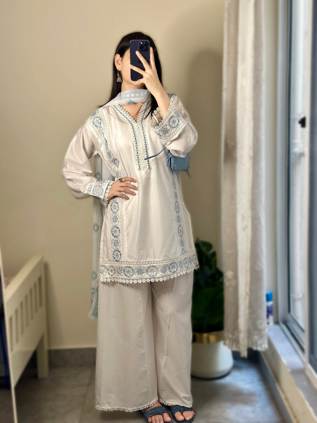 Aarisha Ivory Blue Embroidered Cotton Kurta Set