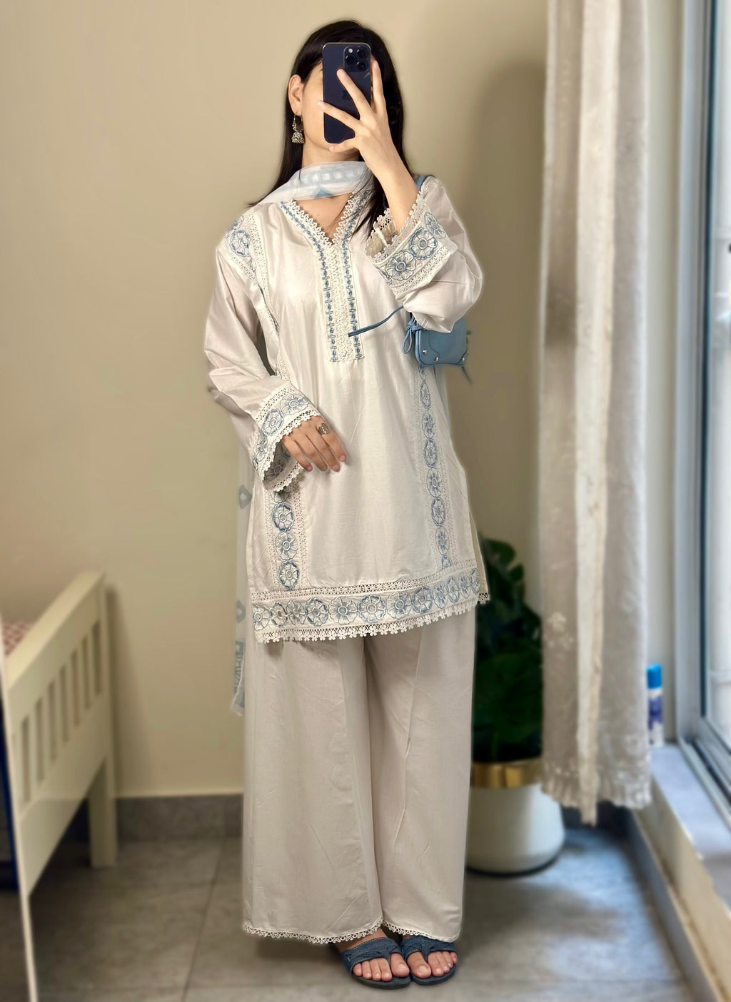 Aarisha Ivory Blue Embroidered Cotton Kurta Set