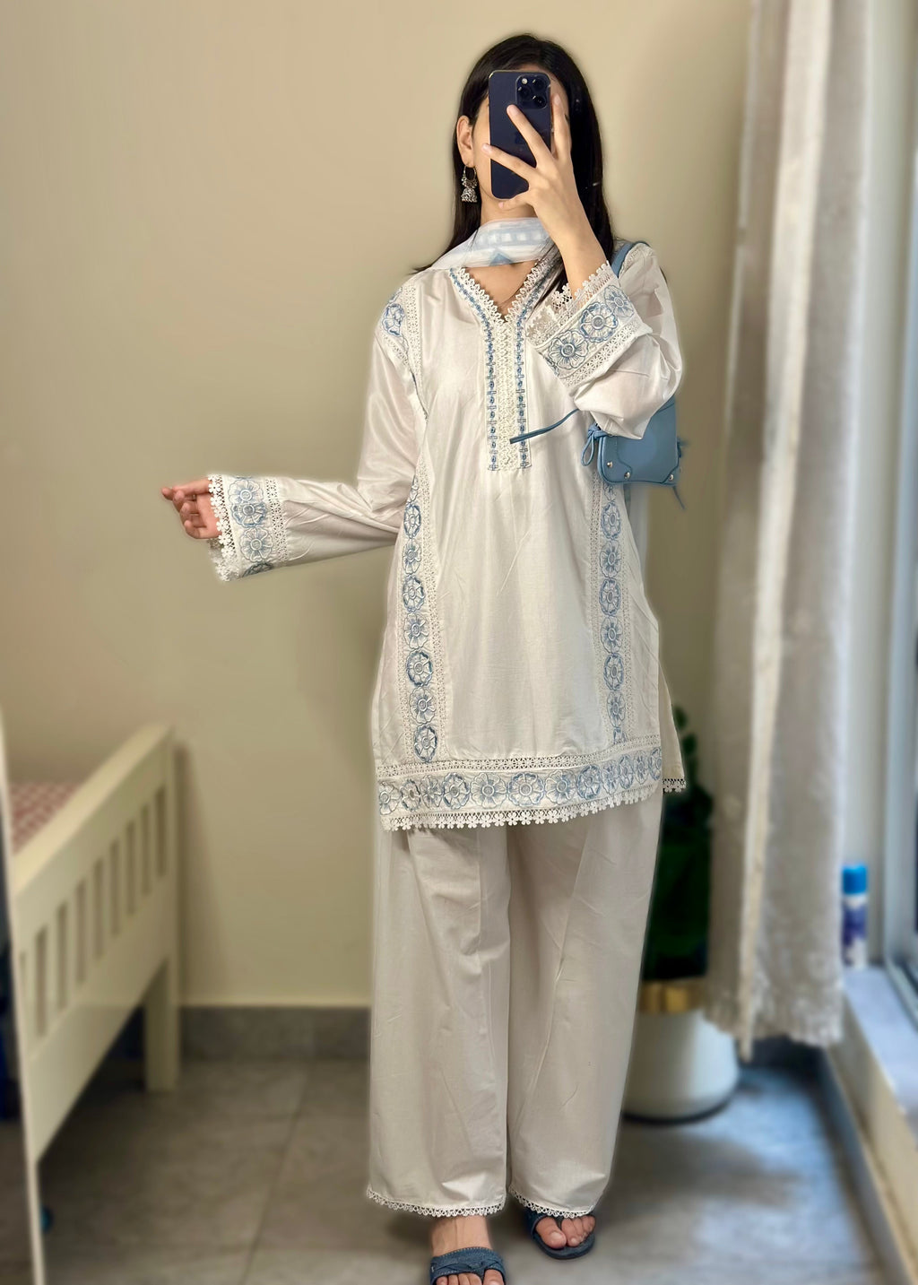 Aarisha Ivory Blue Embroidered Cotton Kurta Set