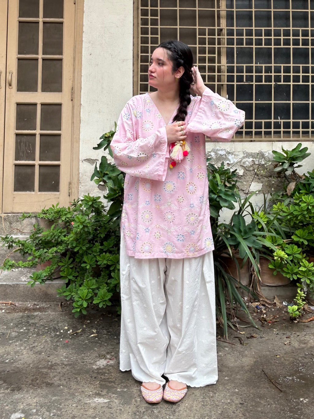 Pink Floral Printed Kurta with White Palazzo Set