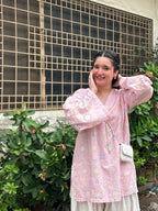 Pink Floral Printed Kurta with White Palazzo Set