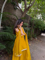 Janasya Women's Yellow Chanderi Silk Embellished Straight Kurta Set