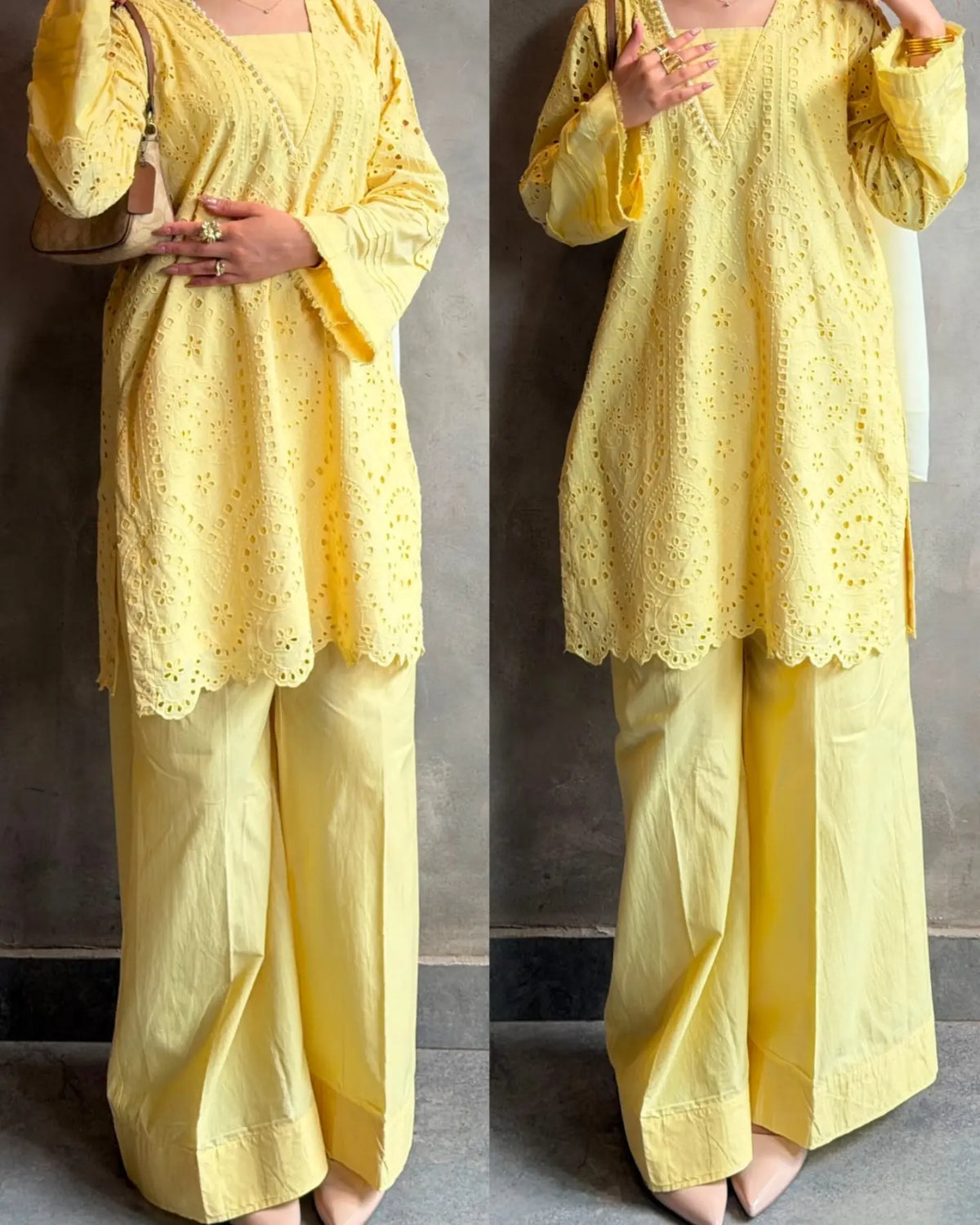 Zareen Yellow Chikankari Cutwork Palazzo Set