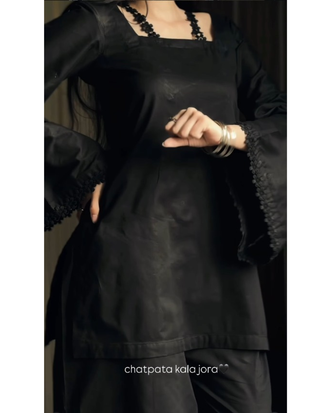 Zoya Noir Satin Embroidered Kurta Palazzo Set