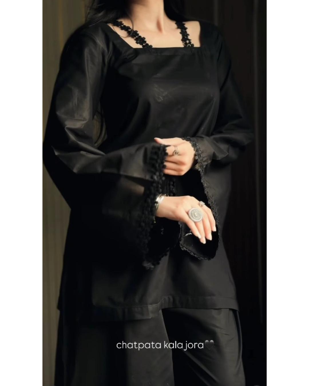 Zoya Noir Satin Embroidered Kurta Palazzo Set