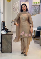 Ismera Taupe Floral Appliqué Suit Set