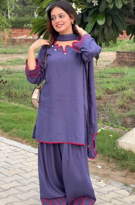 Zareya Plum Contrast Kurta Palazzo Set