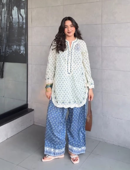 Aiza Blue & White Printed Suit Set