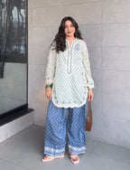 Aiza Blue & White Printed Suit Set