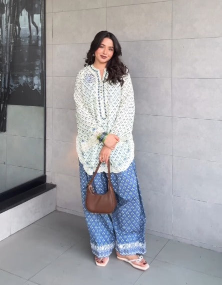 Aiza Blue & White Printed Suit Set