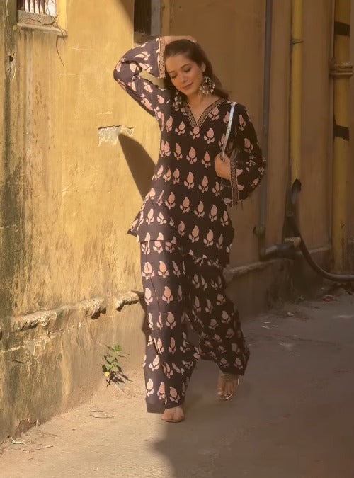Mahira Black Floral Printed Suit Set