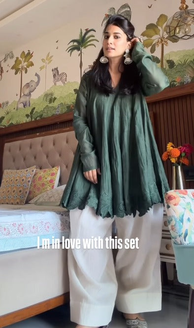 Olive green stylish Anarkali with Farshi Salwar