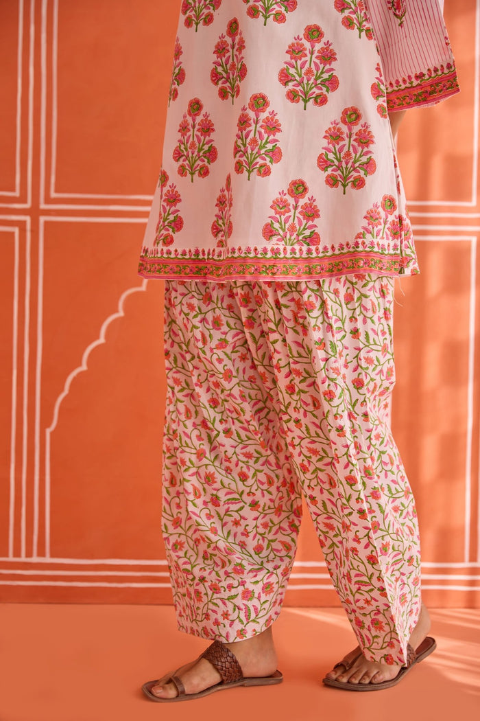 Jasmin White-Pink Floral Hand bock Printed Kurta & Farsi Salwar Co-ord Set